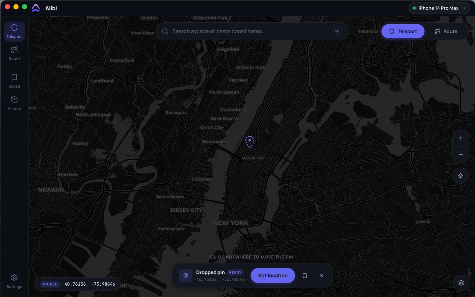Alibi for Mac — setting an iPhone's location to New York City on the map