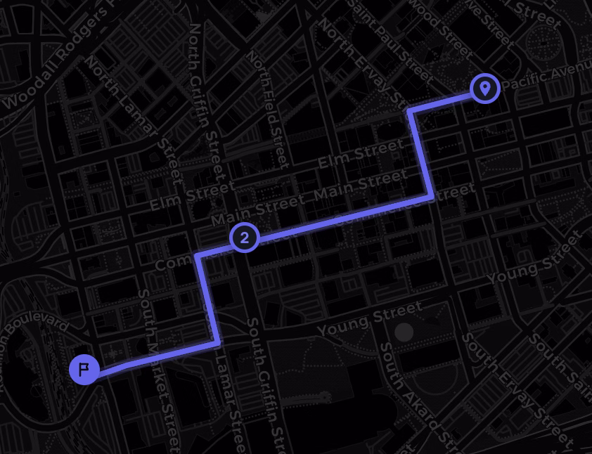 Alibi simulating a route through downtown streets, with start, waypoint, and end pins.